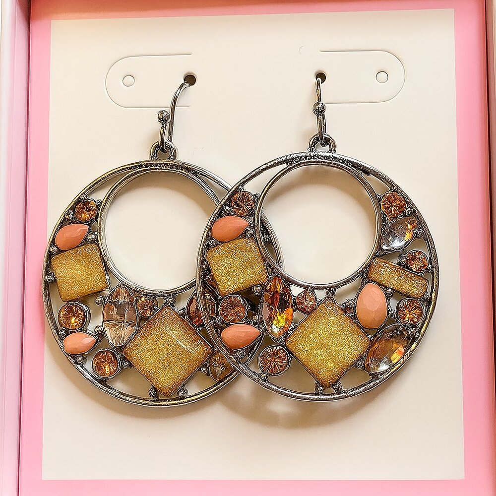 Silvertone Dangle Fish Hook Earrings w/ Acrylic‎ Beads 1.75" NWOT with Gift box